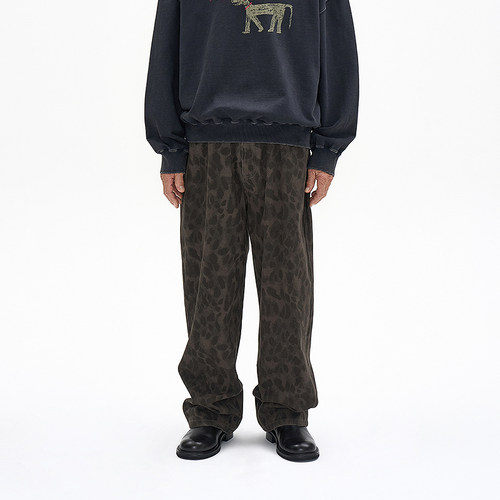 美式复古豹纹松弛感直筒休闲裤