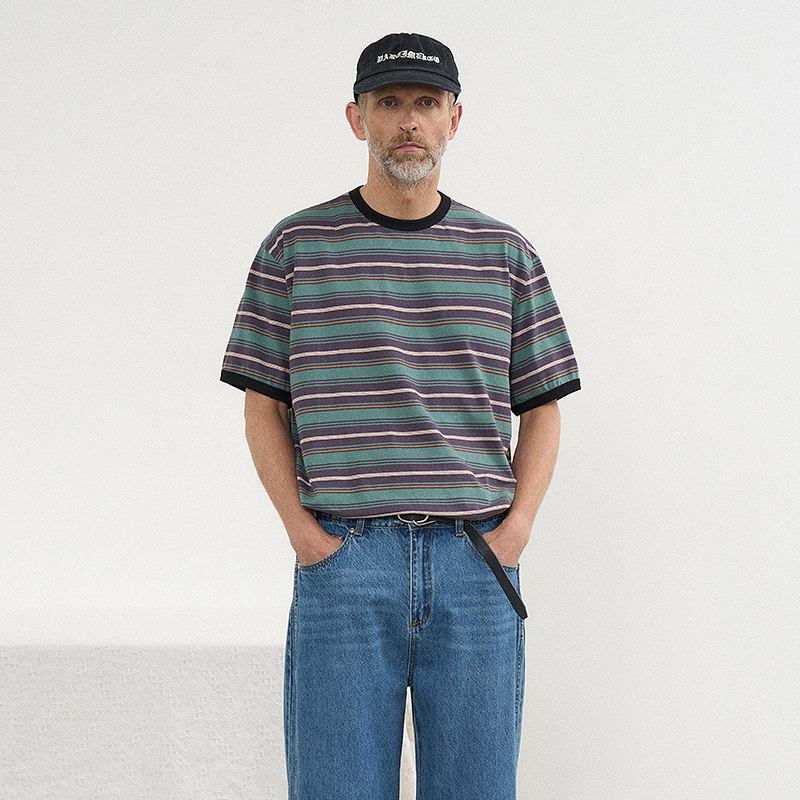 棉质休闲撞色宽松条纹短袖T恤