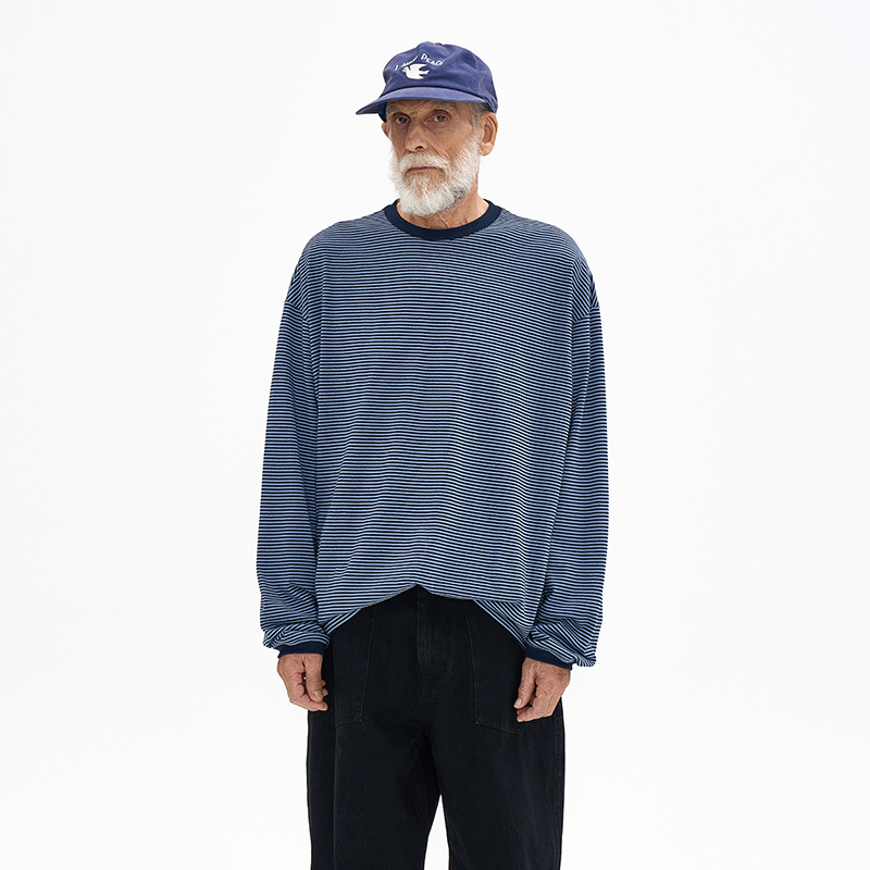 复古棉质宽松慵懒条纹长袖T恤