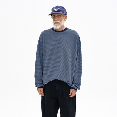 复古棉质宽松慵懒条纹长袖T恤