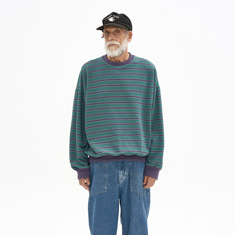 水洗复古撞色条纹棉质落肩袖卫衣