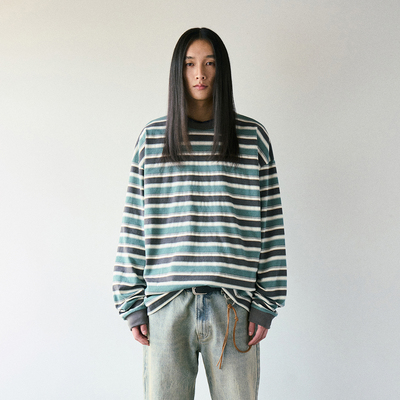 复古条纹撞色罗纹宽松长袖T恤