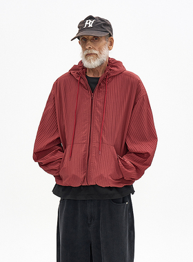 水洗细条纹连帽防风夹克 韩国正品PARTIMENTO 双拉链宽松休闲外套