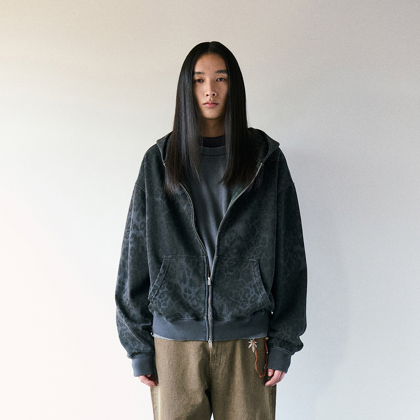 Stain豹纹短款连帽卫衣 韩国正品 PARTIMENTO 水洗复古双拉链外套