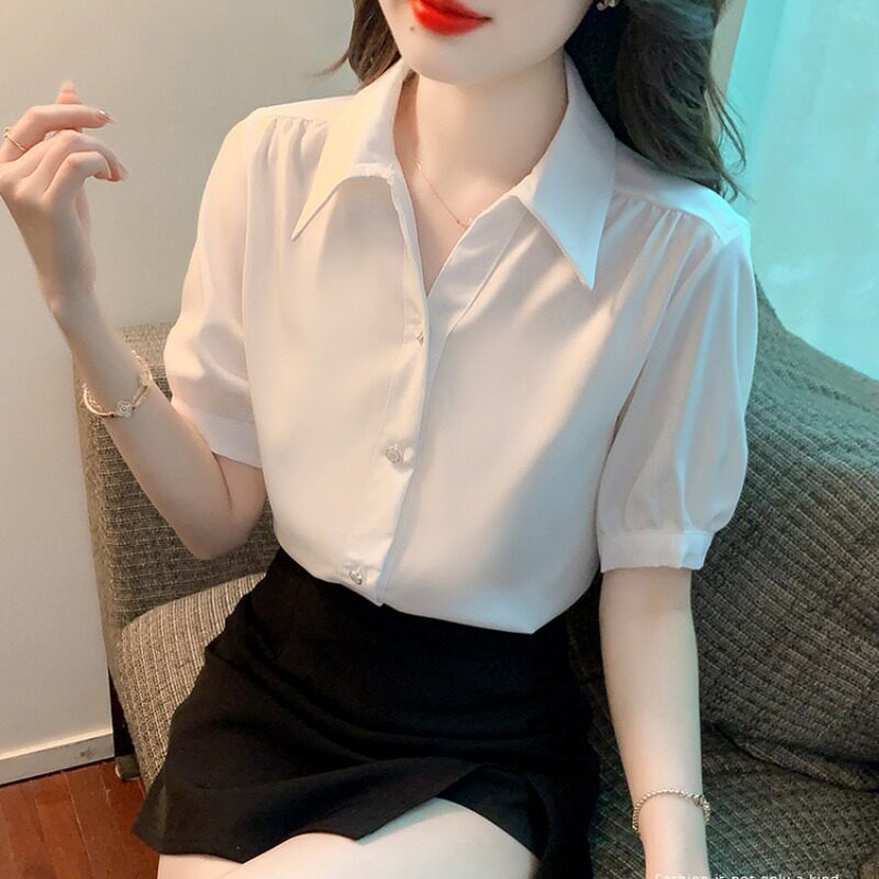 白色雪纺短袖衬衫女夏季T恤衬衣职业气质正装面试宽松polo衫上衣