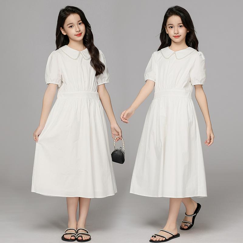 女童白色连衣裙2025夏季新款儿童洋气法式公主裙大童女孩短袖裙子