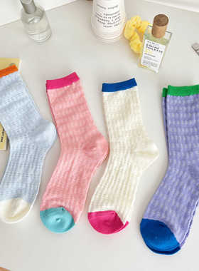 袜子女夏季薄款粉色多巴胺中筒袜紫色网红jk透气网眼洞洞鞋凉鞋袜