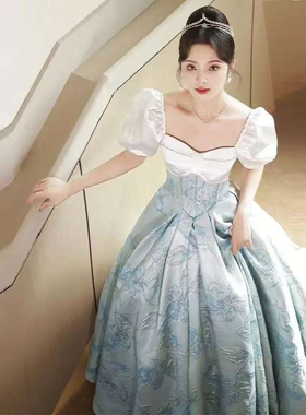 蓝色晚礼服女宴会气质学生主持人成人礼艺考礼服裙法式生日公主裙