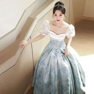 蓝色晚礼服女宴会气质学生主持人成人礼艺考礼服裙法式生日公主裙