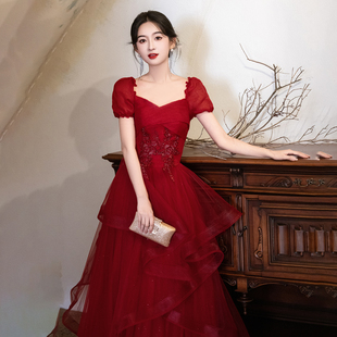 酒红色宴会年会晚礼服高级感音乐生声乐钢琴演奏艺考成人礼礼服裙