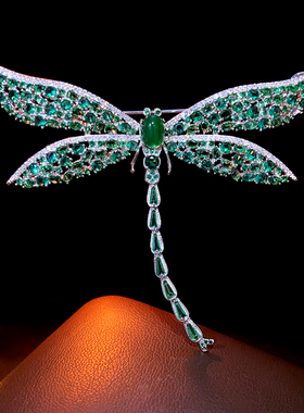 跨境新款重工镶大克拉超闪绿色锆石蜻蜓胸针轻奢时尚高档胸花别针