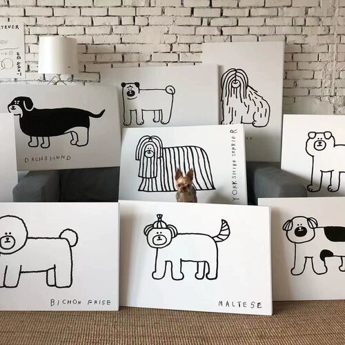 黑白线条狗狗装饰画挂画简约现代