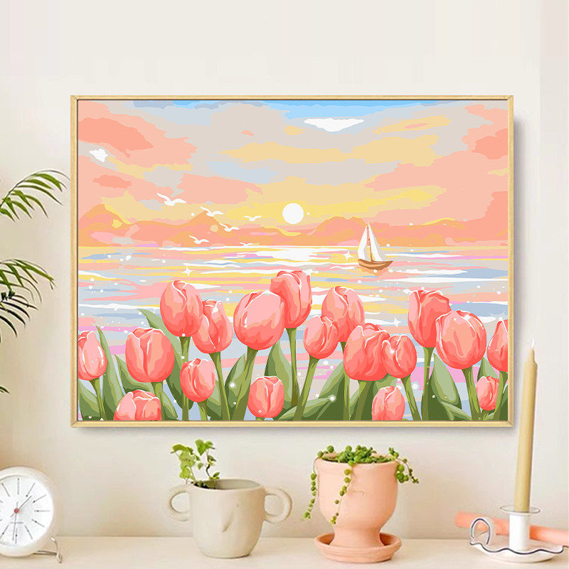 奶油风新款郁金香风景装饰画喷绘平面成品花卉装饰画客厅卧室摆画