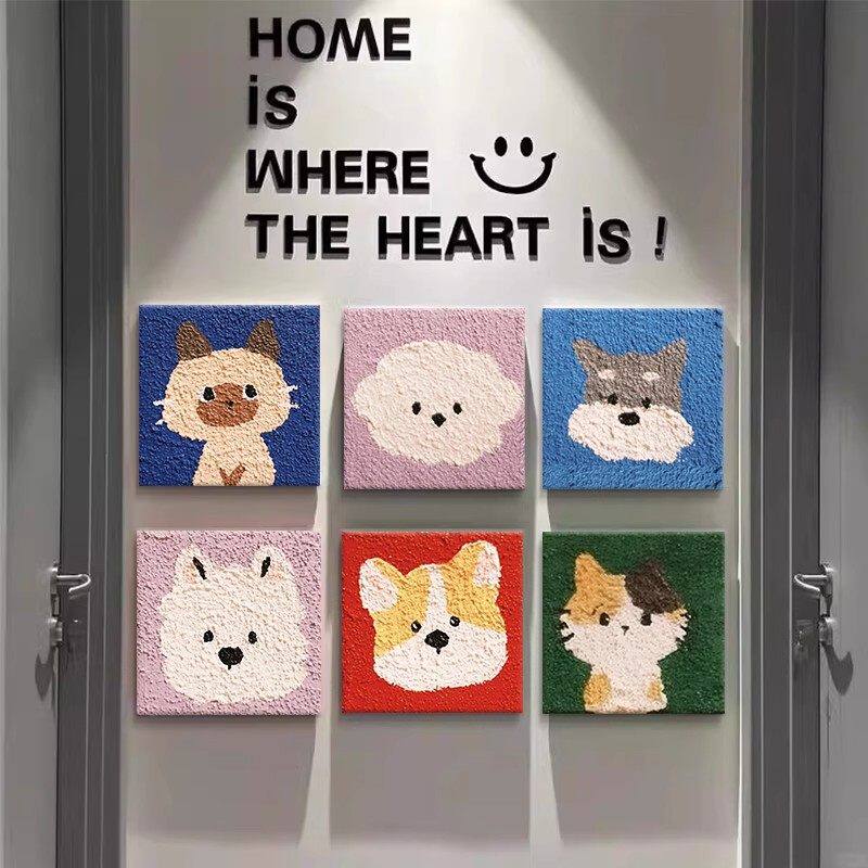 可爱小狗猫咪宠物头像成品装饰画仿油画小众方形卧室儿童房摆挂画