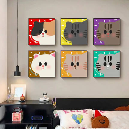 挂画ins风韩系线条猫咪儿童房装饰画可爱卧室床头壁画桌面摆画