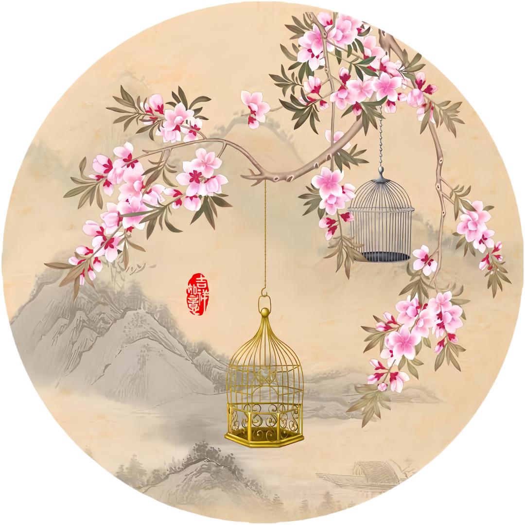 新中式圆形禅意花鸟墙贴纸客厅卧室内书房装饰自粘贴画不干胶贴纸图片