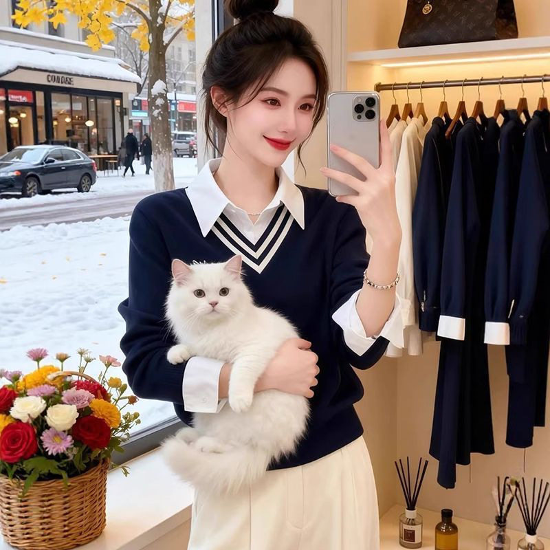 网红洋气炸街女装拼接长袖刺绣拼接春秋毛衣气质假两件撞色毛衣女