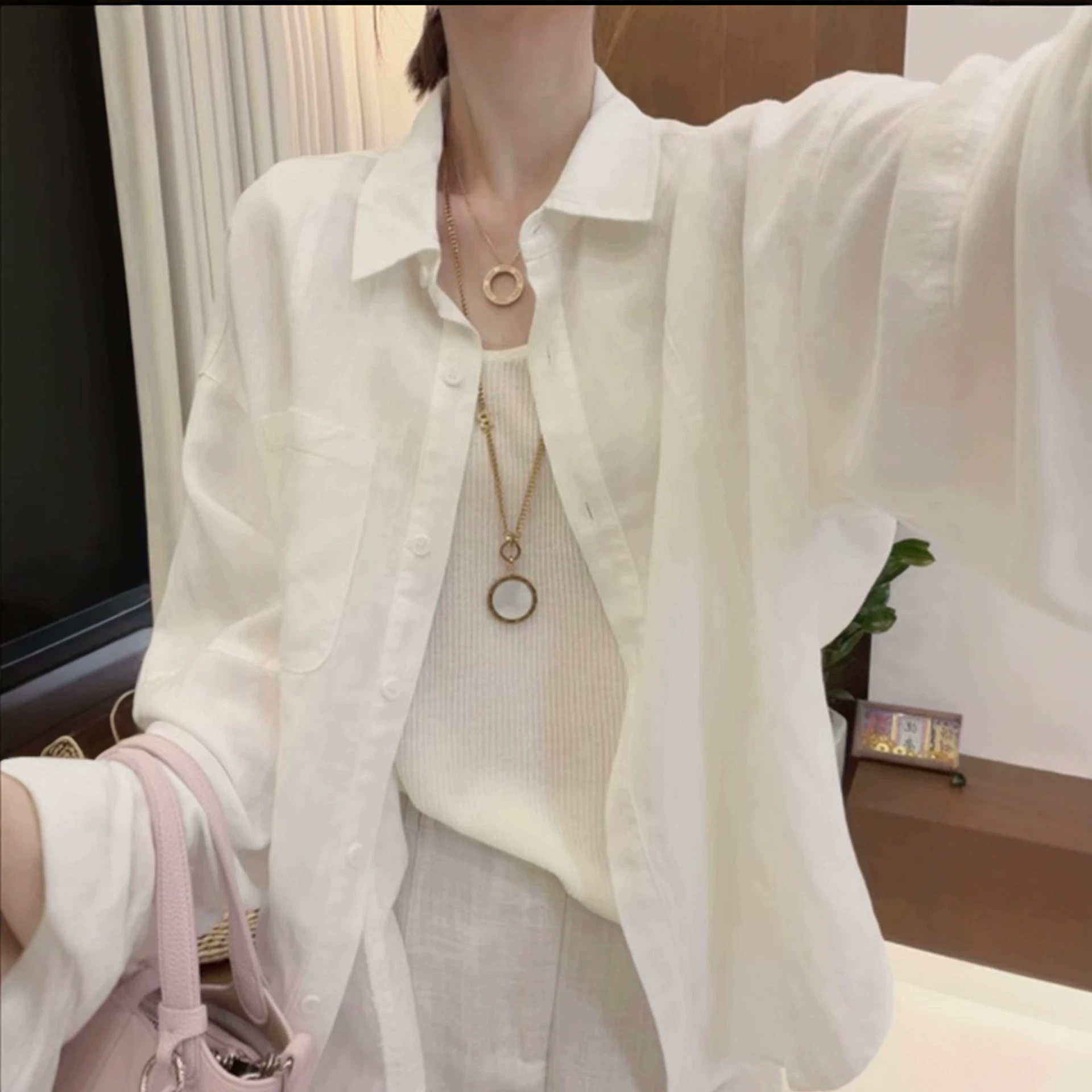 夏季透气薄款韩版百搭POLO领长袖衬衫女前短后长极简休闲外搭衬衣