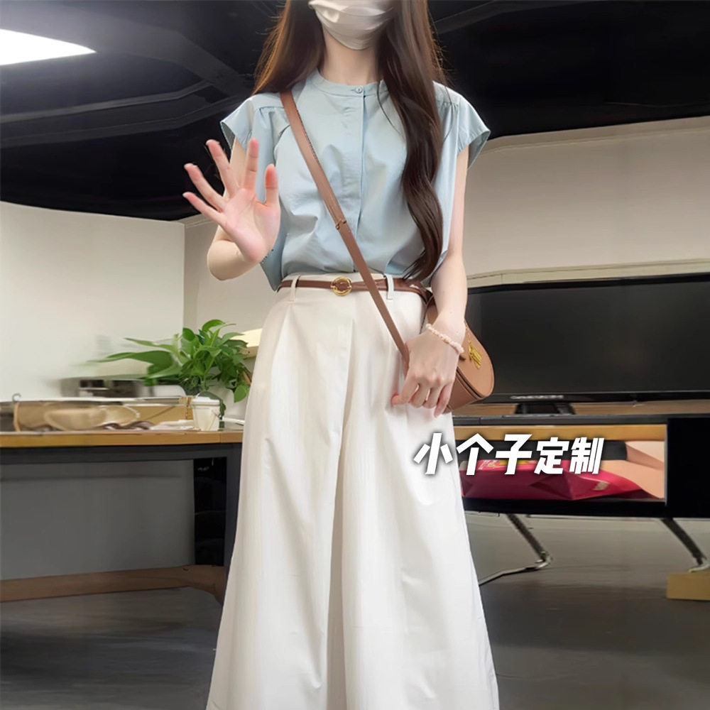 150小矮个子夏搭配一整套女冷淡风盐系无袖衬衫高腰a字直筒半身裙