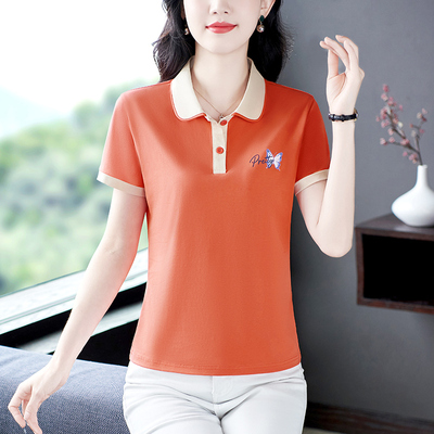 声雨竹冰丝翻领t恤女薄款大码妈妈夏季短袖体恤中年妇女速干上衣p