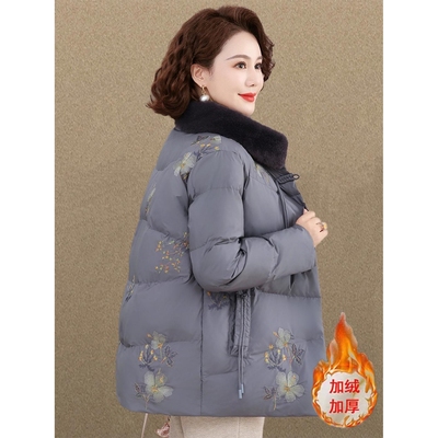 声雨竹中老年妈妈冬装羽绒棉服加绒加厚国风外套时尚毛领冬季保暖