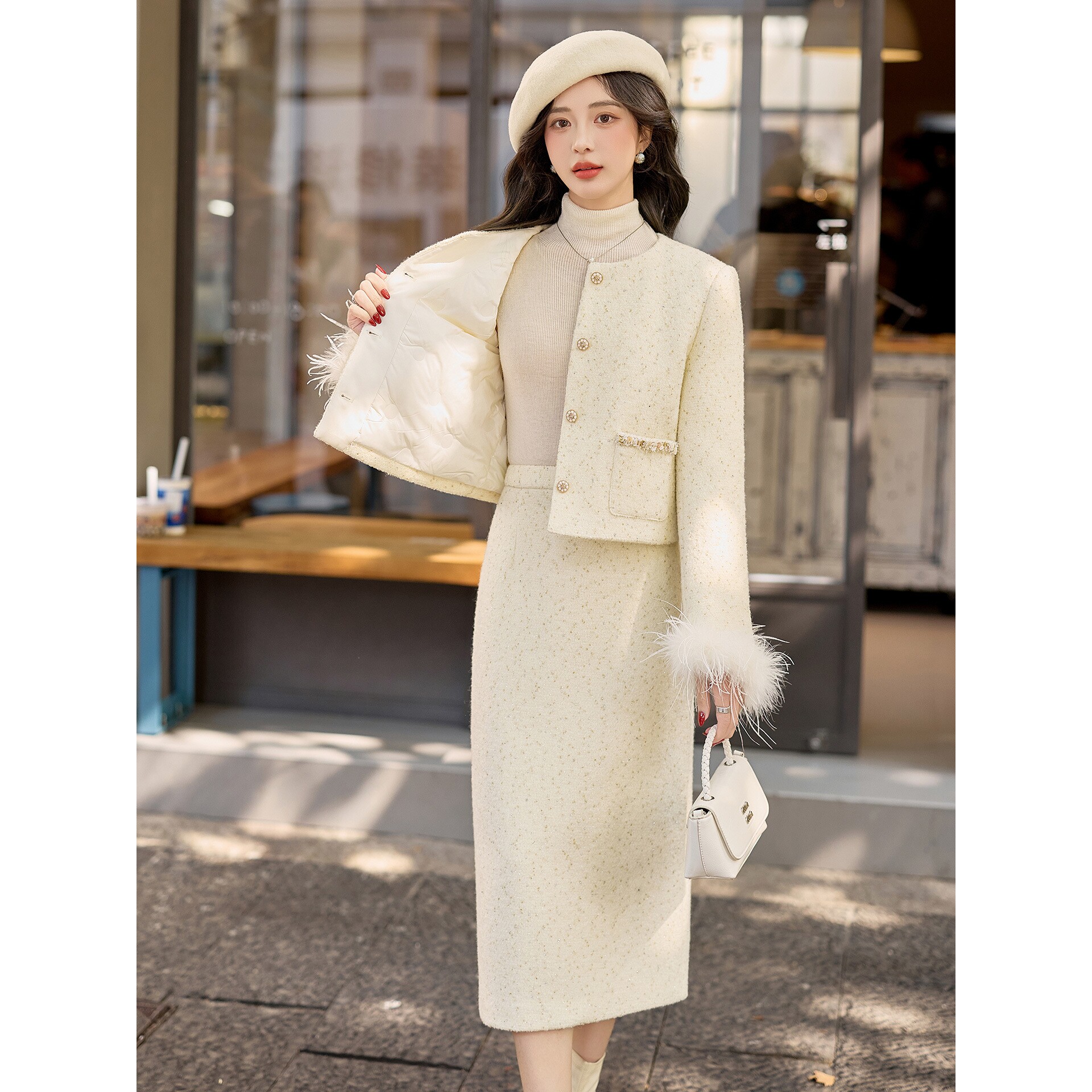 声雨竹时尚套装2026秋冬新款女装气质小香风羽绒外套半身裙两件套