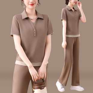 声雨竹冰丝运动休闲套装女夏时尚洋气显瘦小个子立领短袖长裤两件