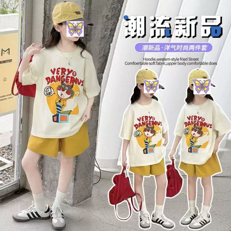 女童时尚网红短袖套装2026夏季新款女孩韩版休闲衣服圆领两件套潮