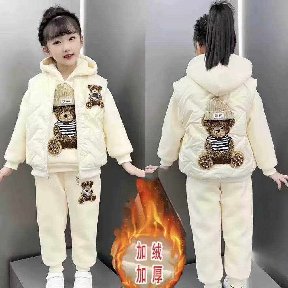 儿童套装秋冬2025新款洋气加绒加厚女孩时尚卫衣女童马甲三件套潮