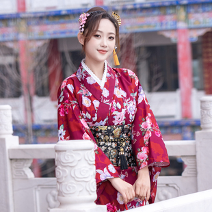 蔷薇玫红和服系日本剧本杀日料店民宿和服女款季摄影改良和服浴衣