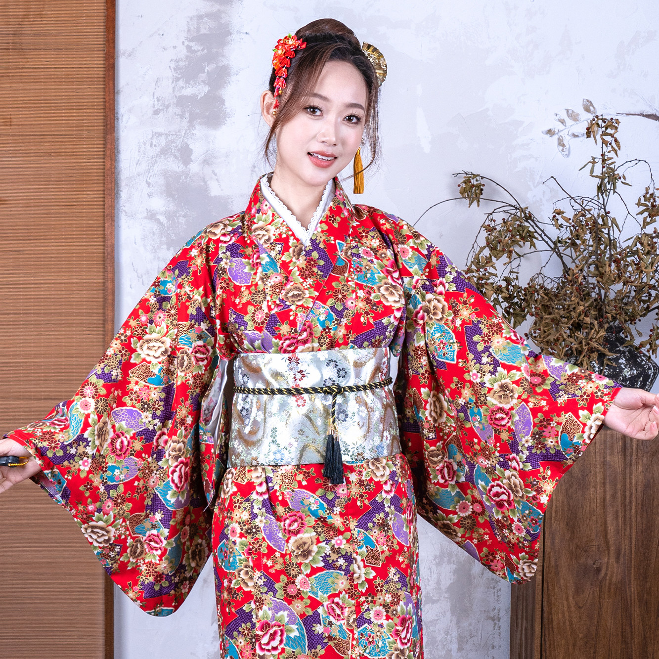 和服女正装传统改良牡丹扇高端大气新款夏季红色写真拍照日式和风