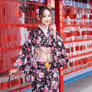 海棠黑和服系日本剧本杀日料店民宿和服女款季拍摄影改良和服浴衣