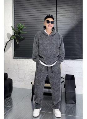 YULE语乐 13032七彩纱线毛织休闲套装加绒加厚连帽卫衣卫裤13035