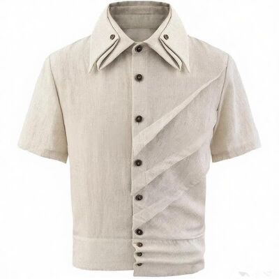 「绫间」夏季新款亚麻混纺三褶裥活页下摆不对称层叠短袖衬衫上衣