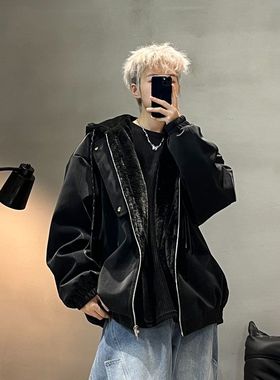 DISROBEING冬季加厚夹克连帽皮衣男座山雕显瘦宽松棉服保暖外套潮