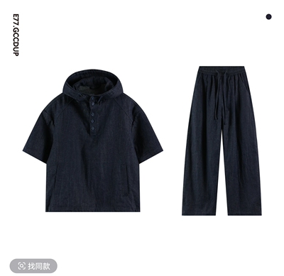 E77.GCCDUP『蒙太奇』天然棉麻牛仔连帽套头衬衣半袖直筒裤套装