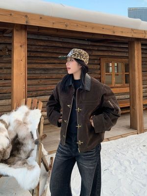 木子羊美式cleanfit老钱风飞机扣皮领外套宽松型短款棉服外套男女