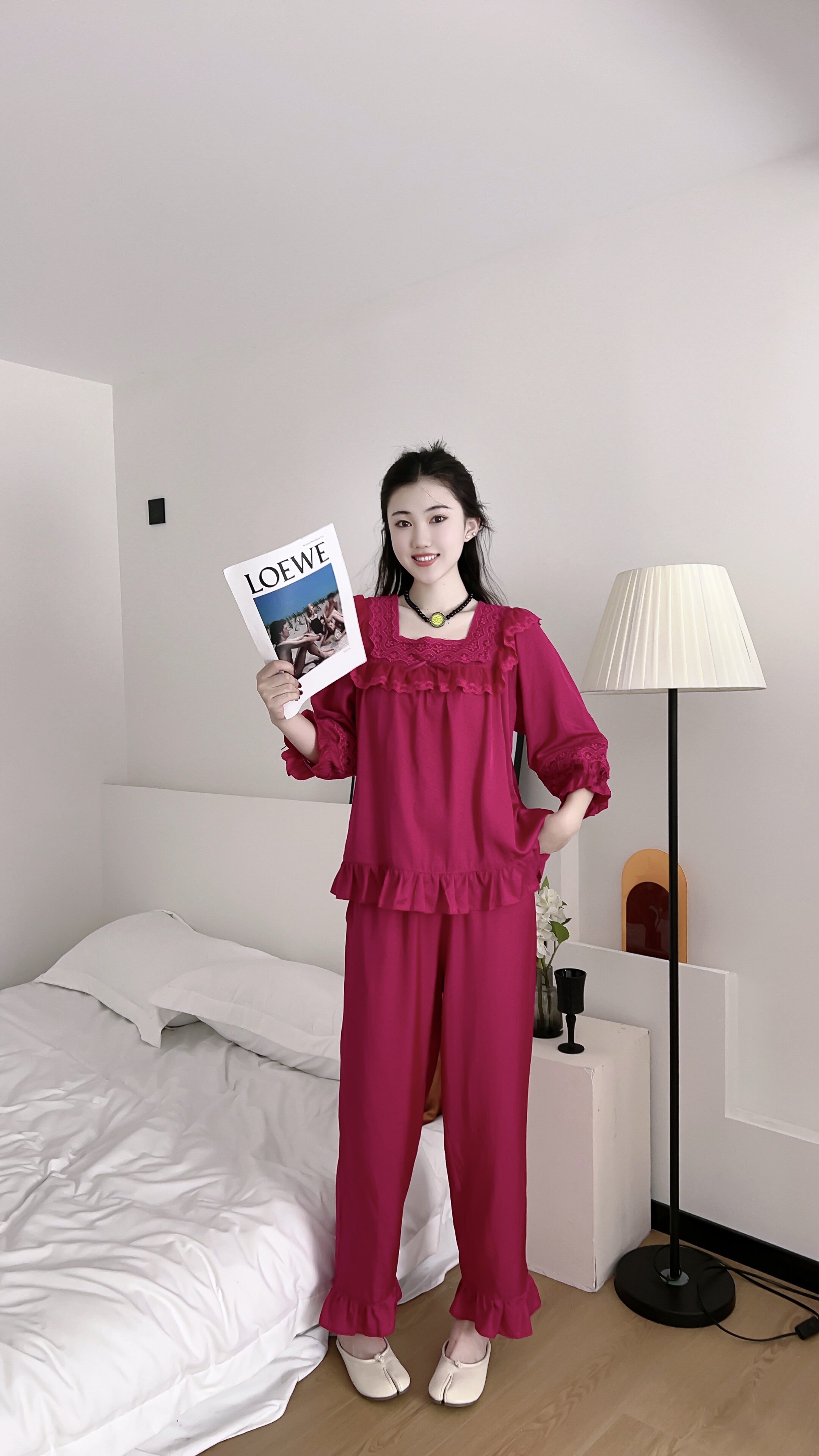 天丝麻蕾丝睡衣女士春秋季火龙果长袖裤秋款公主风绣花套装家居服