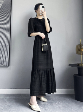 2023新款女装夏季纯色简约连衣裙女宽松气质黑色泡泡袖中长款裙子