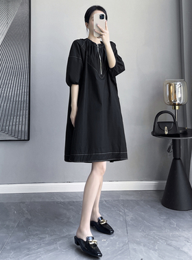 黑色时尚中袖高级感连衣裙女2023夏季新款遮肚子宽松显瘦中长裙子
