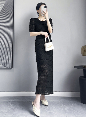 法式气质肌理感蕾丝短袖连衣裙女2023夏季新款黑色修身显瘦长裙子