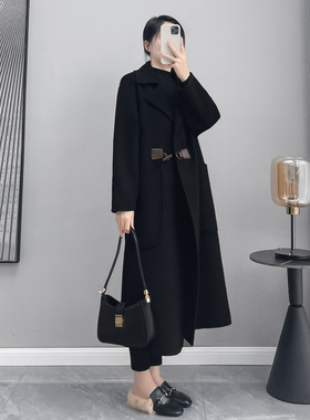 赫本风黑色双面羊绒大衣女中长款2023冬装新款韩系毛呢子大衣外套