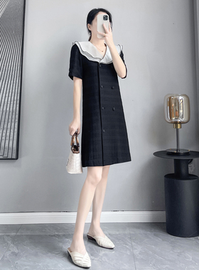2023夏季新款黑色A字裙遮肉显瘦小个子直筒裙减龄娃娃领连衣裙女