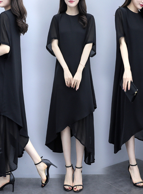 2023新款女装夏季大码长款连衣裙女黑色显瘦雪纺修身收腰短袖长裙