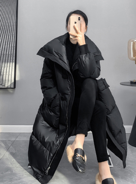 黑色大翻领白鸭绒羽绒服女冬季2023年新款韩系宽松显瘦中长款外套