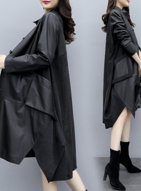 2023新款女装秋冬宽松大码中长款a字皮衣外套女黑色拼接pu皮大衣