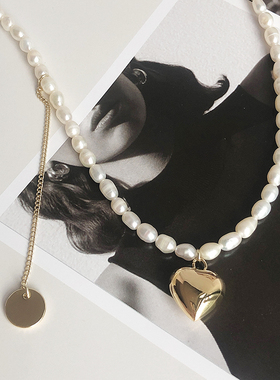 法式桃心天然小粒珍珠项链金色爱心ins小众百搭个性设计师款颈链