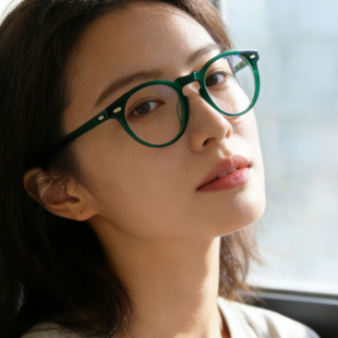 素颜高级感绿框眼镜 女圆框透明板材墨绿色洋气眼镜框配度数