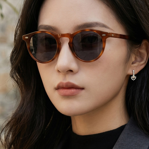 复古玳瑁圆框手工遮阳镜女