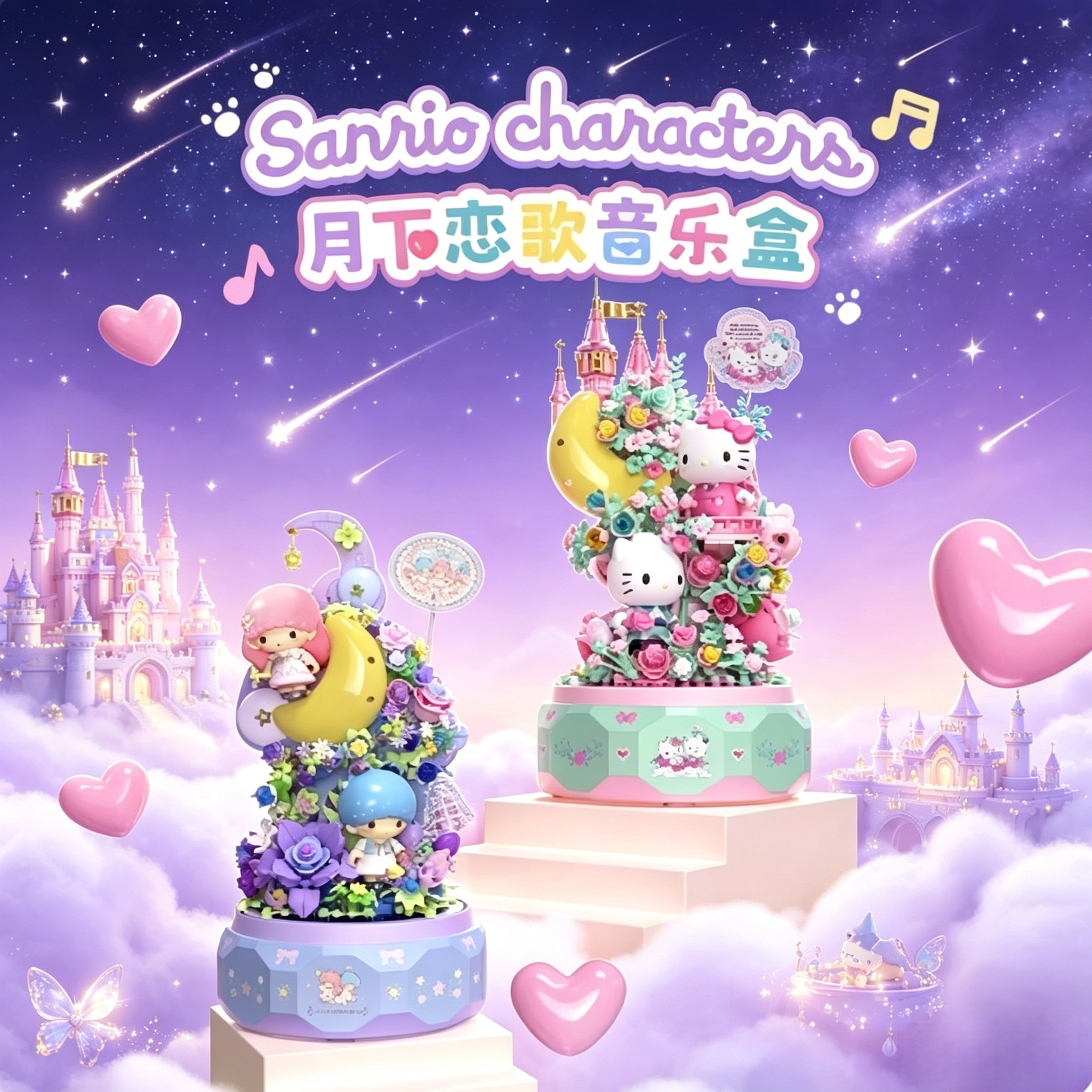 月光社积木三丽鸥家族凯蒂猫玫瑰园发光旋转八音盒音乐盒女孩礼物
